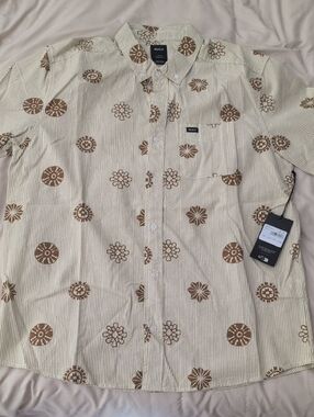 RVCA Beige Short-Sleeve Button-Down Shirt with Brown Floral Medallions